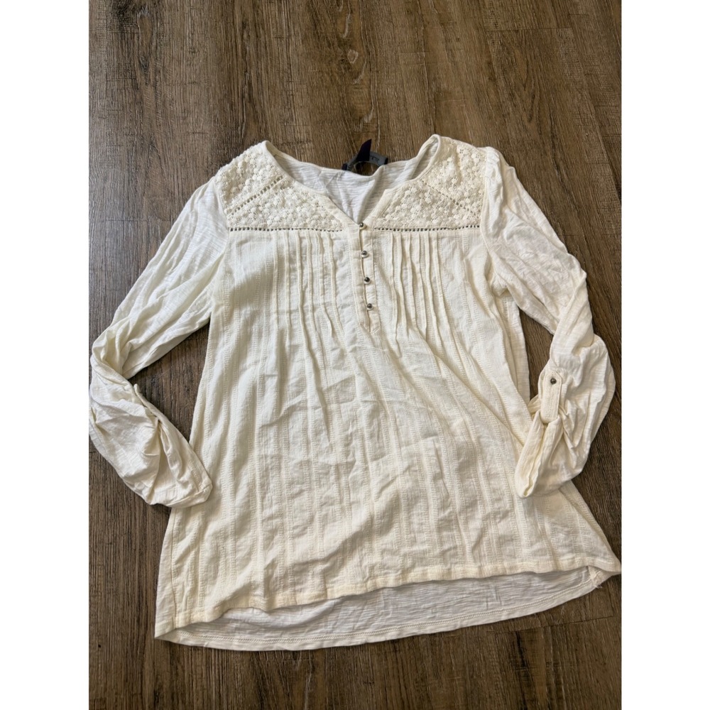 Gloria Vanderbilt Cream Crochet Lace Pin-Tuck Roll-Tab Sleeve Henley Top Size M